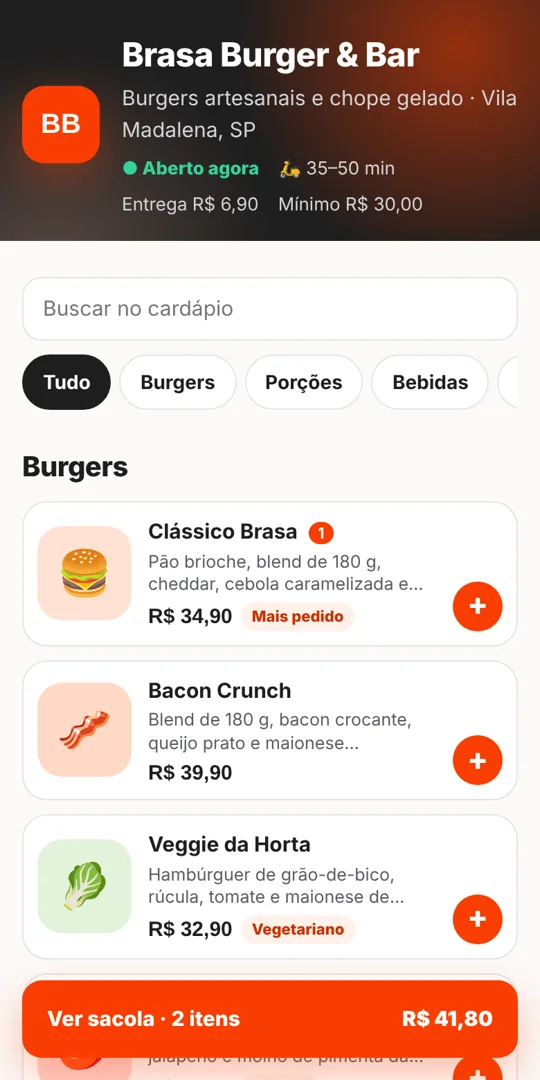 Cardápio do restaurante fictício Brasa Burger & Bar no celular, com hambúrgueres, preços e sacola com 2 itens