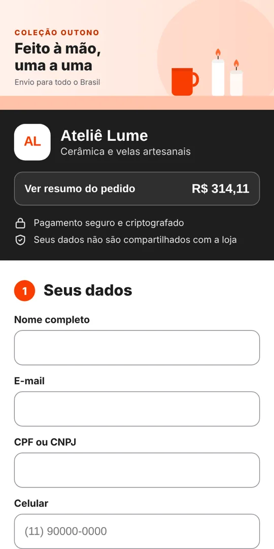 Checkout de exemplo da loja fictícia Ateliê Lume no celular, com banner, resumo do pedido e opções Pix, cartão e boleto