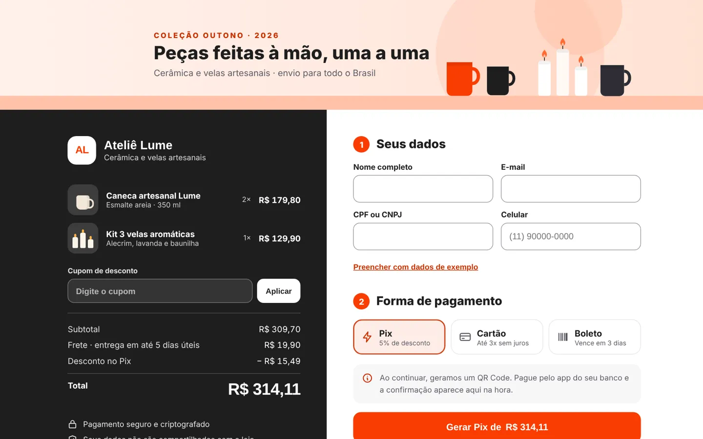 Checkout de exemplo no computador: banner da loja no topo, resumo do pedido à esquerda e pagamento por Pix, cartão ou boleto à direita