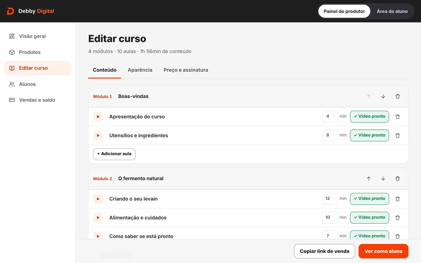 Painel do produtor: editor do curso com módulos, aulas, duração e status de envio dos vídeos