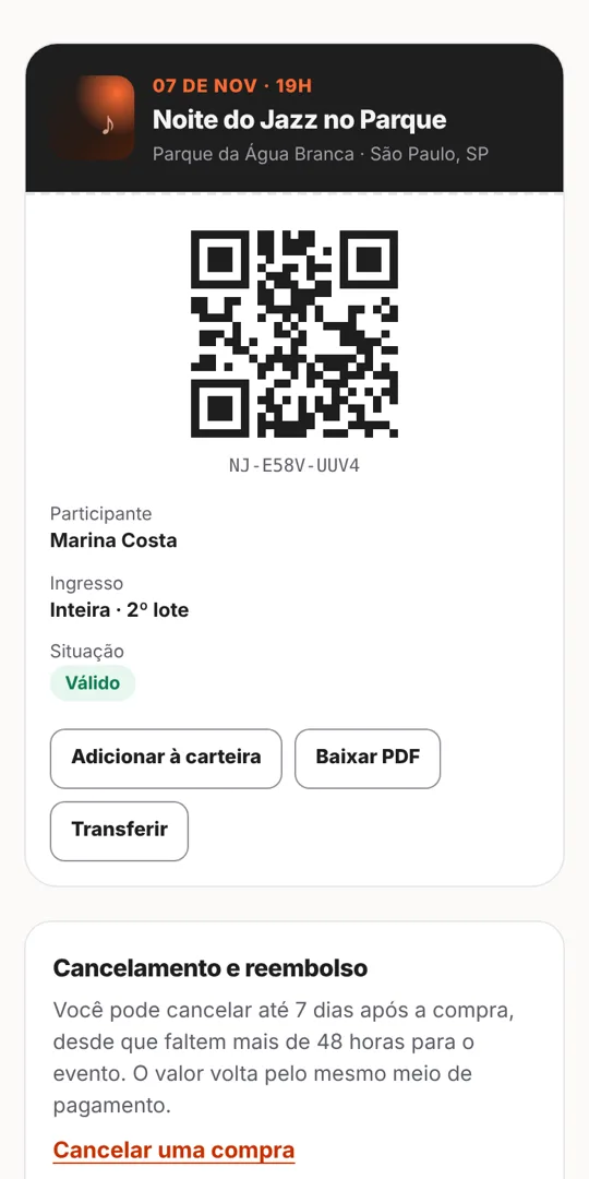 Ingresso no celular para a Noite do Jazz no Parque, evento fictício, com QR Code e nome da participante
