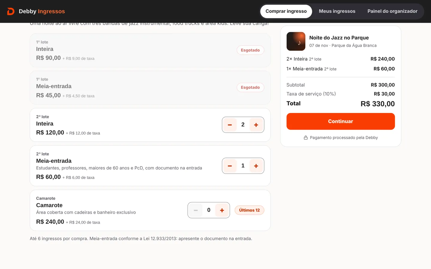 Página do evento com lotes de ingresso, inteira e meia-entrada, e resumo do pedido com taxa de serviço e total