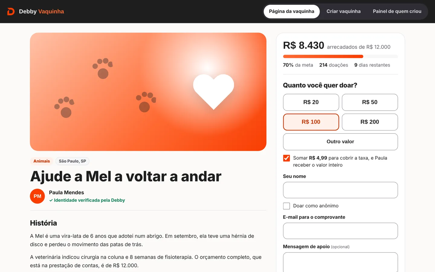 Página da vaquinha com história, progresso de 70% da meta e caixa de doação com valores sugeridos